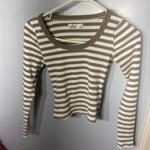 Hollister Brown and White Long Sleeve Fitted T-Shirt